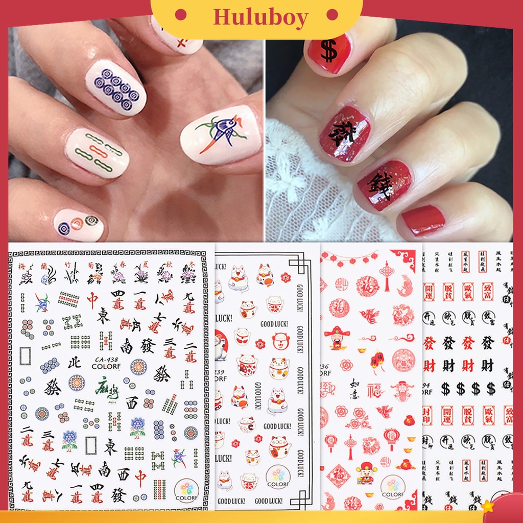 Huluboy Huluboy♡ 3pcs Stiker Kuku Desain Karakter Kaligrafi Cina Untuk Dekorasi Manicure