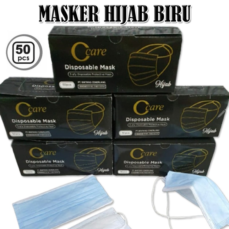 1Box 50Pcs Masker Hijab Headloop Masker C Care Hitam&amp;Biru Disposable Mask Non Surgical masker korea