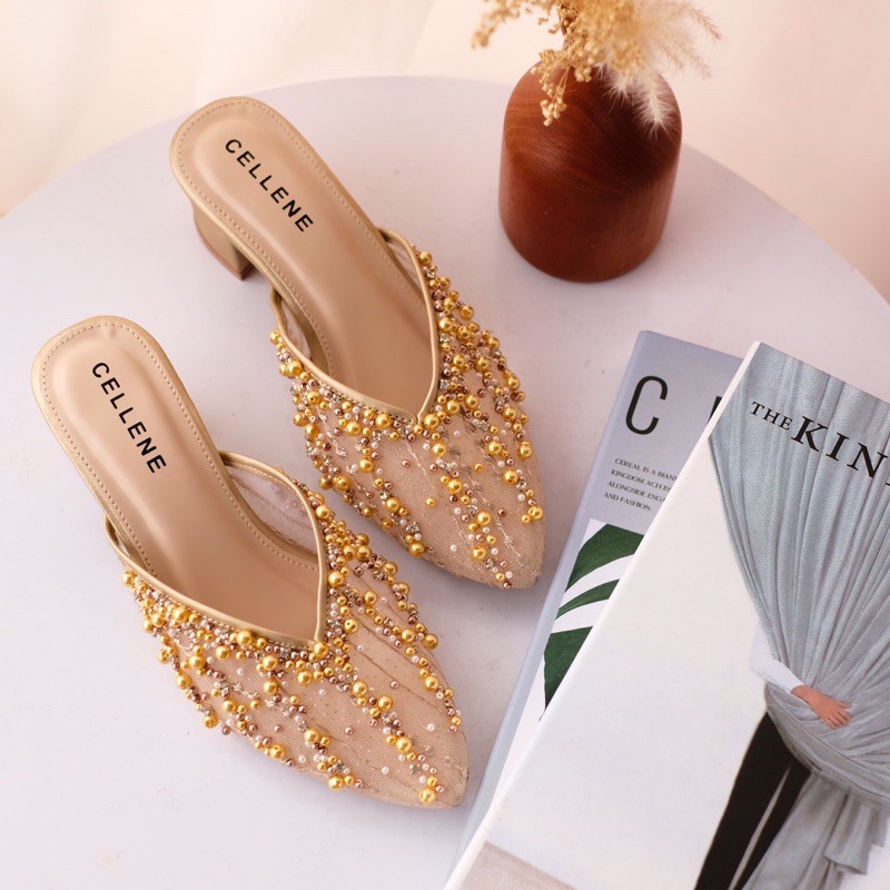 𝗖𝗘𝗟𝗟𝗘𝗡𝗘 • Irish Beads Heels (8warna) / wedding shoes brokat payet 5cm