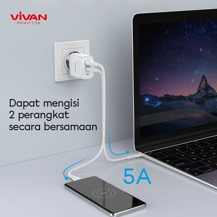 Charger Quick Charge VIVAN Power Boost Dual Port USB (QC3.0) &amp; Type-C (PD) 5A 45W - Garansi 1 Tahun