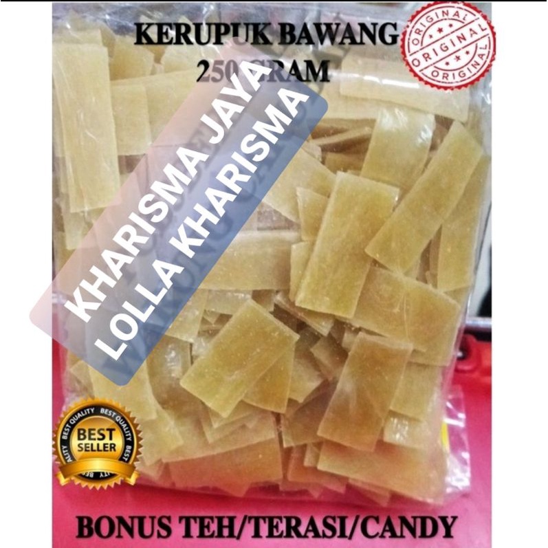 

KERUPUK BAWANG MENTAH 250 GRAM KHAS CIREBON GRATIS TEH/ TERASI/ CANDY