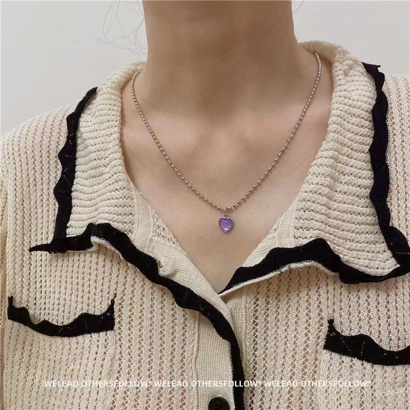 IFYOU Kalung Rantai Choker Hias Bola Hati Ungu Gaya Korea Untuk Wanita