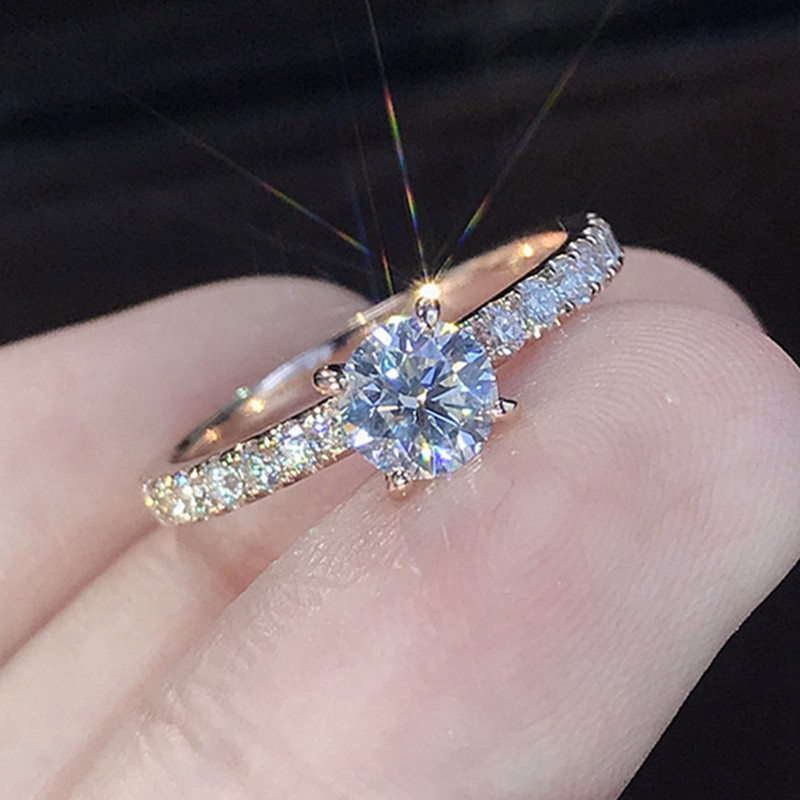 Cincin Emas Putih Hiasan Batu Safir+Berlian Imitasi untuk Wanita