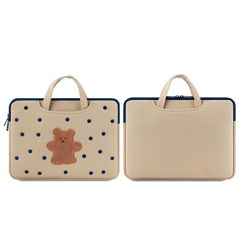 Sleeve Pouch Sarung Tas Bag Case Ipad Tab Tablet Macbook Air Pro Laptop Asus Acer Lenovo HP Huawei 11 12 13 14 15 inch Motif Gambar Beruang Bear Warna Cream Krem Biru Coklat Polkadot Lucu Cute Murah Korean Model Tali Jinjing Banyak Slot Ruang Stationary