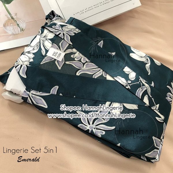 Lingerie M-XXL 5in1 Baju Tidur Seksi Satin Silk Isi Untuk Kado Suami Istri Seserahan Malam Pertama N321 Floral Mewah