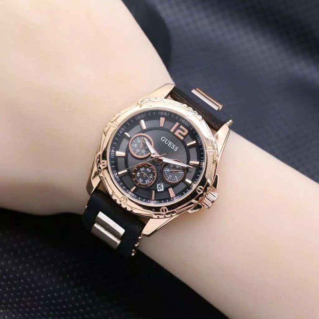 GUESS - GROSIRAN JAM TANGAN FASHION WANITA G7-6559 ANALOG TALI RUBBER TANGGAL AKTIF CHRONO VARIASI FREE BOX & BATERAI || GROSIRAN JAM TANGAN WANITA TERLARIS ( BISA UNTUK KADO ) JAMINAN HARGA GROSIR !!! GARANSI 6 BULAN (COD)-Hitam