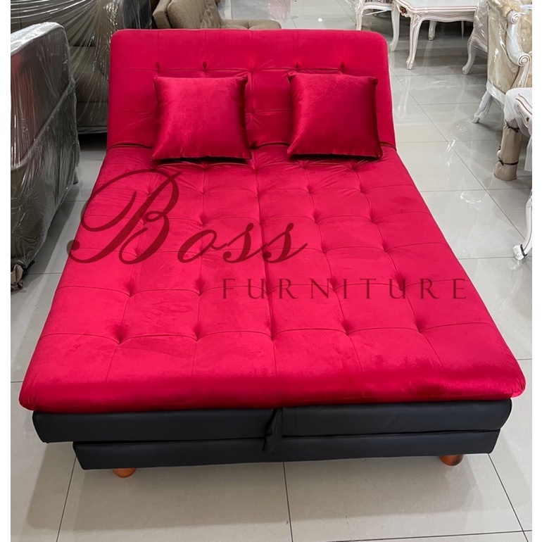 Sofa Bed Sofa Selonjor Beludru Merah Inovatif Lipat 2 Sisi