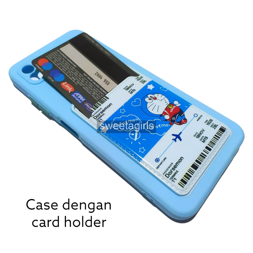 Casing Card Holder Softcase silikon untuk Samsung Galaxy A22 5G - sweetacase.id - Full lens Cover Karakter model Boarding Pass - karakter Doraemon - Stitch - Hello Kitty - Panda - Rabbit