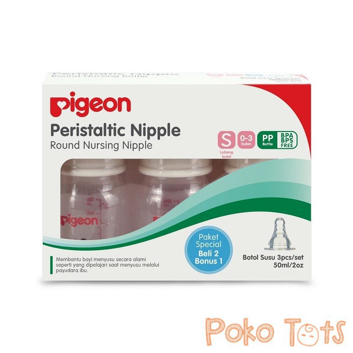 PAKET SPECIAL 2 BONUS 1 Pigeon Peristaltic Nursing Bottle 50ml Botol Susu PP RP WHS