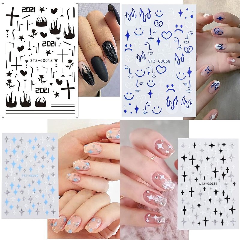 1 Lembar / Pak Stiker Kuku 3d Transfer Air Motif Ular Hitam / Bintang / Daun / Api Untuk Dekorasi Nail Art Diy