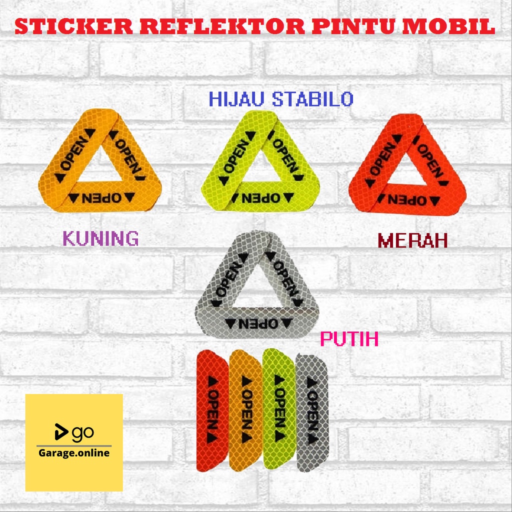 STICKER REFLEKSI tulisan OPEN UNTUK PINTU MOBIL isi &quot; 4 PCS &quot; REFLECTIVE STICKER WARNA HIJAU STABILO KUNING MERAH PUTIH READY