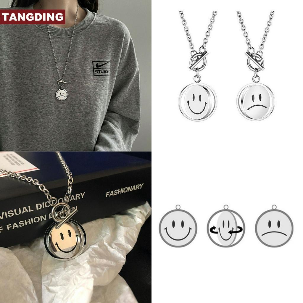 【COD Tangding】Double Side Smile Sad Face Rotating Pendant Simple Couple Retro Personality Hip-hop Necklace Chain Fashion Accessories