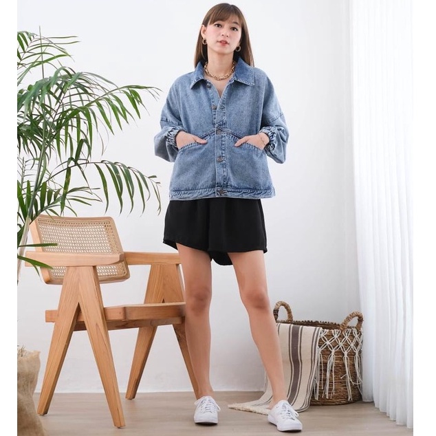 HOPYLOVY Jaket Jeans Oversize Wanita Lengan Manset Kekinian Jenner