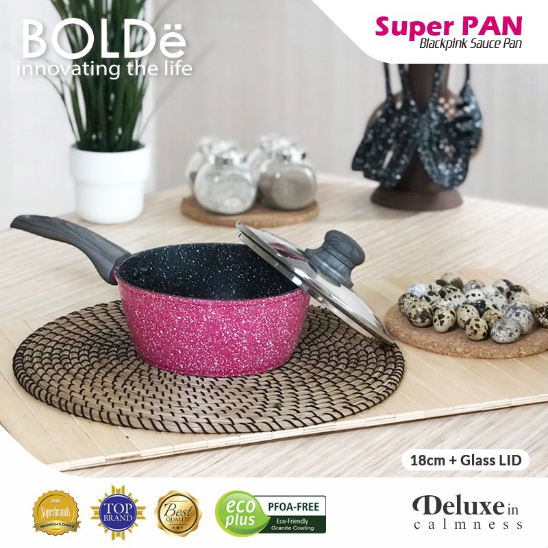 BOLDe Panci + Tutup Kaca / Sauce Pan + Glass Lid Black Pink 18 cm