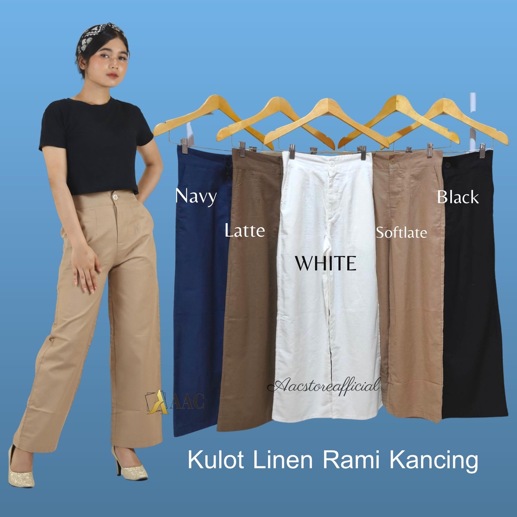 Celana Wide Leg Bahan Linen Hightwaist Pinggang Kancing Dan Resleting