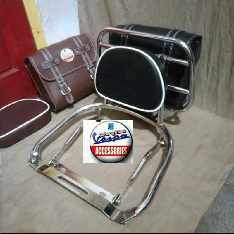 Aksesoris vespa classic Beckrack+tas+bantalan jok aksesoris vespa px super sprint