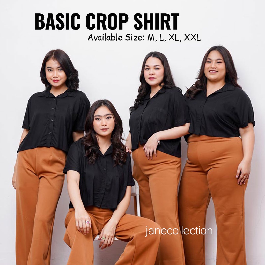 JANE COLLECTION || Kemeja Kerja Wanita Kancing Lengan Pendek M L XL XXL Ukuran Jumbo Oversize Crop Top Katun Rayon - Basic Crop Shirt