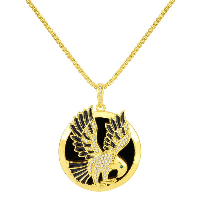 Liontin Lapis Emas Asli Kadar 375 Desain Elang Hias Berlian Gaya Retro Untuk Pria Dan Wanita