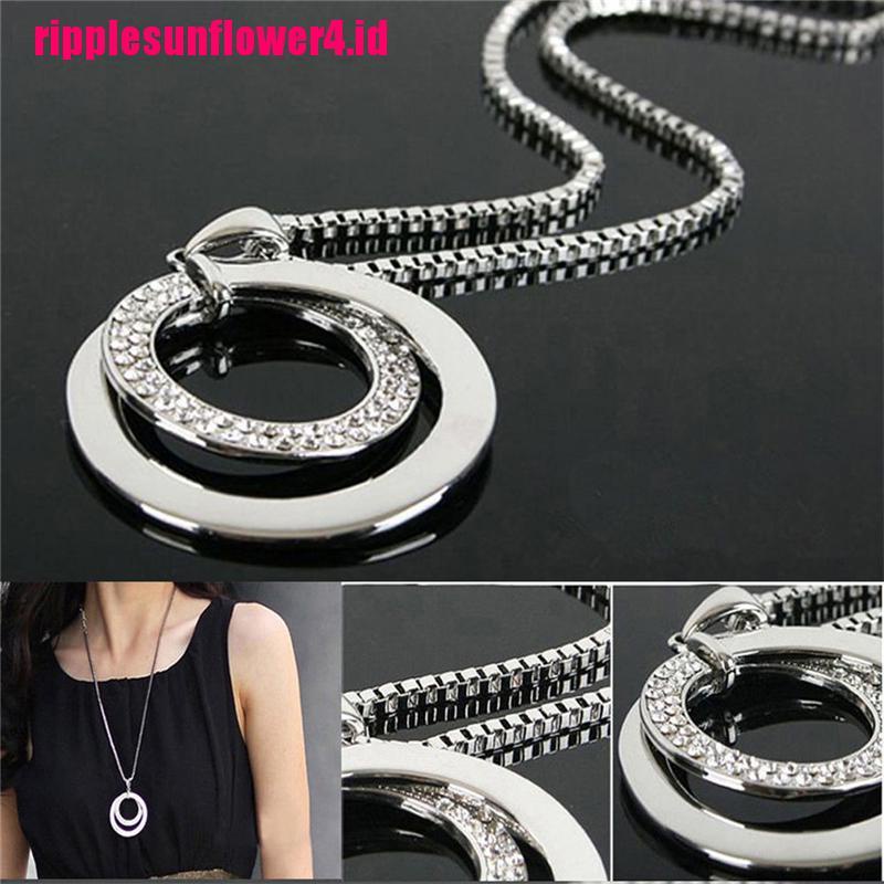 Kalung Rantai Panjang Lapis Silver Dengan Liontin Kristal Berlian Imitasi Untuk Wanita