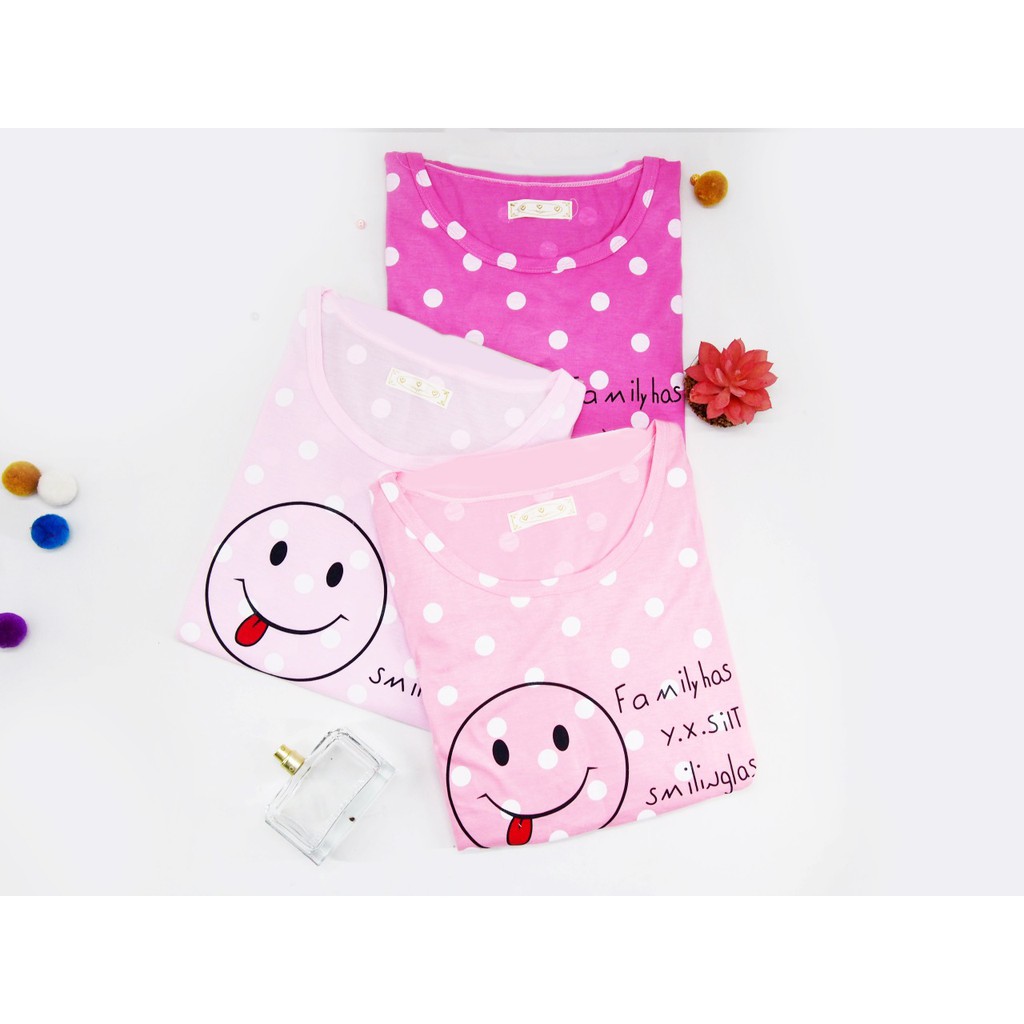 [COD]#888 baju tidur wanita motif smile polkadot bahan katun adem dan lentur