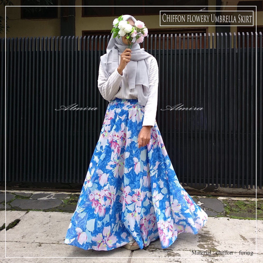 Rok Panjang Wanita Payung Muslimah  Sifon Flowery Chiffon Umbrella Skirt Bunga Griyaraditya Almira