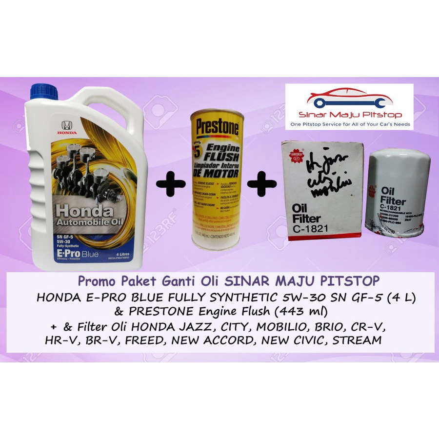 Paket Ganti Oli HONDA E-PRO BLUE 5W-30 SN GF-5 Original 4 Liter & Engine Flush & Filter Mobil HONDA 