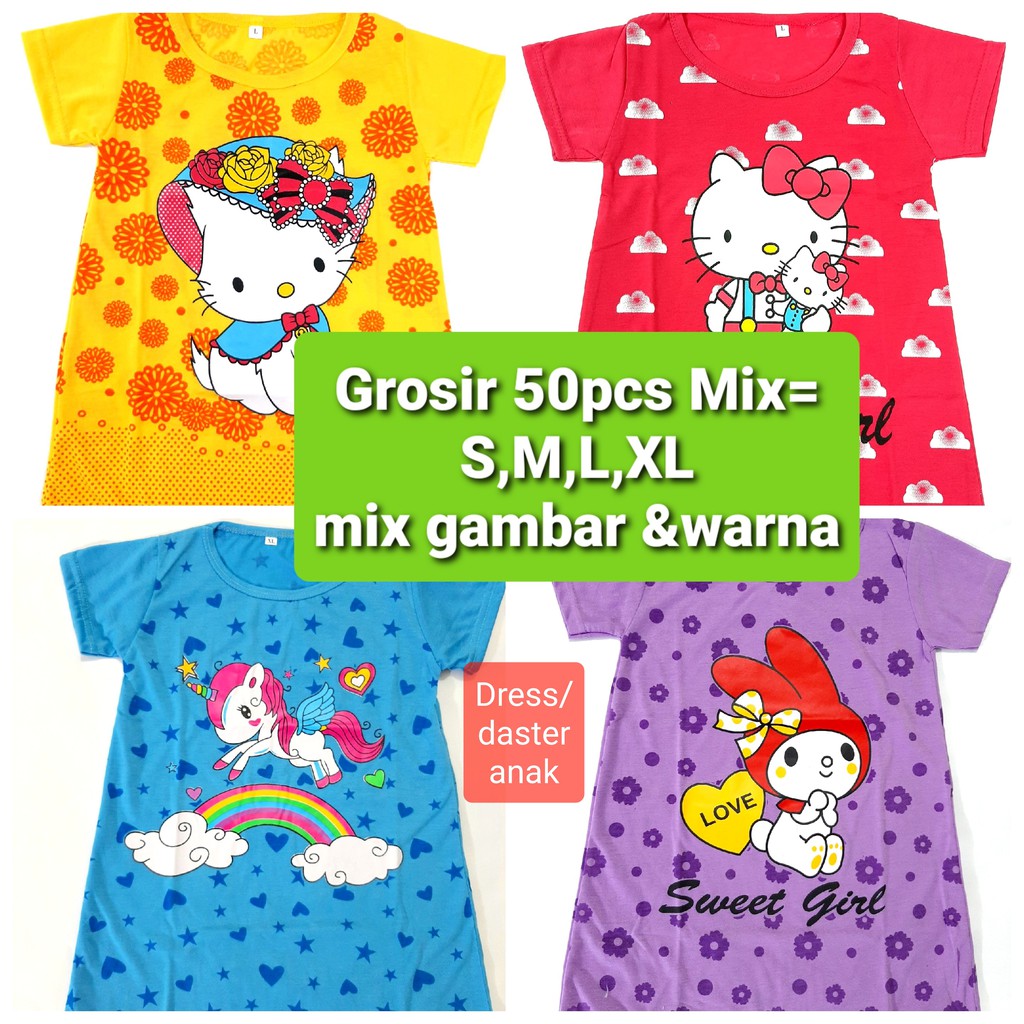 ( Grosir ) 1-5 thun MIX Dress / daster kaos anak perempuan (50 pcs =1 klik) random gambar campur pakaian