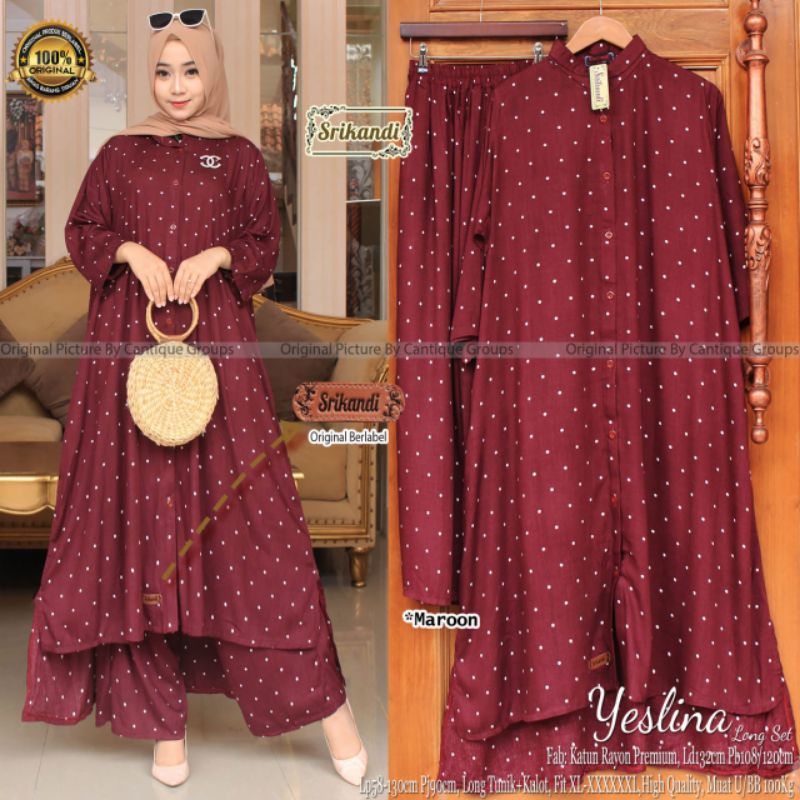 Yeslina Long Set Pakaian Wanita Setelan Long Tunik + Kulot Fab Katun Rayon Premium High Quality