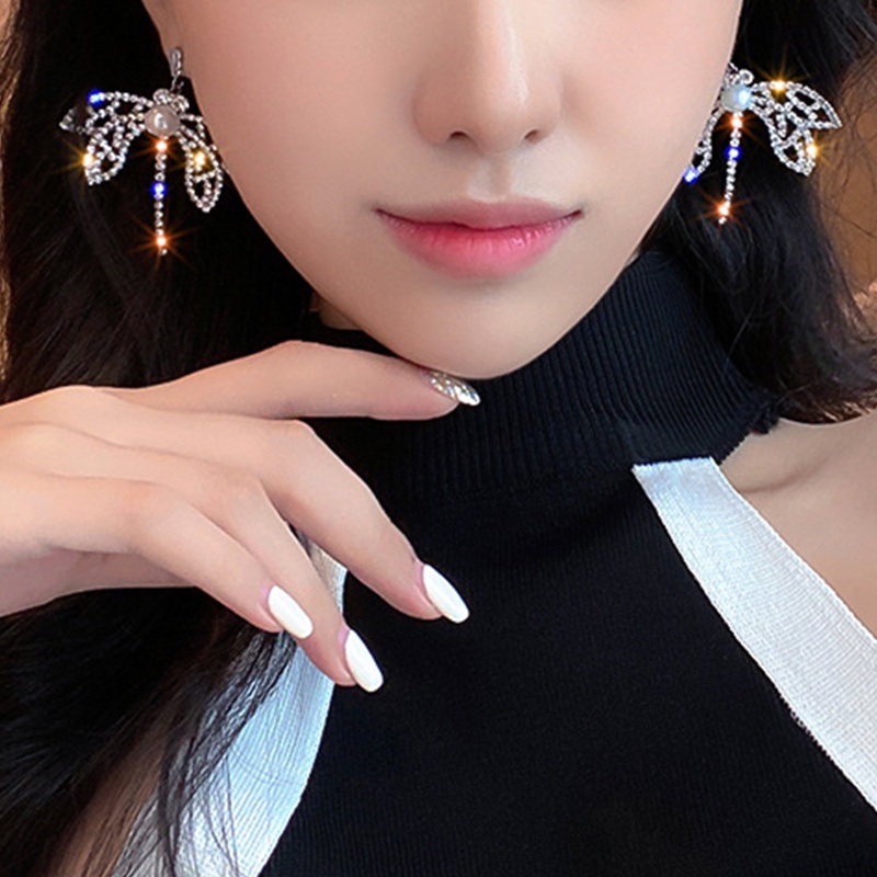 Butterfly drop-shaped pendant, rhinestones, silver needles, women's ear hooks, earrings, Korean fashion jewelry, accessories, wedding banquets