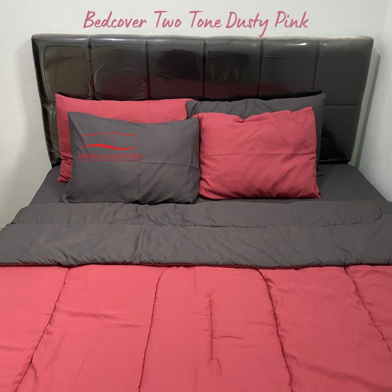 Bedcover Two Tone Dusty Pink Dark Grey Kombinasi Polos Tanpa Embos Aesthetic Ukuran 120x200 160x200 180x200