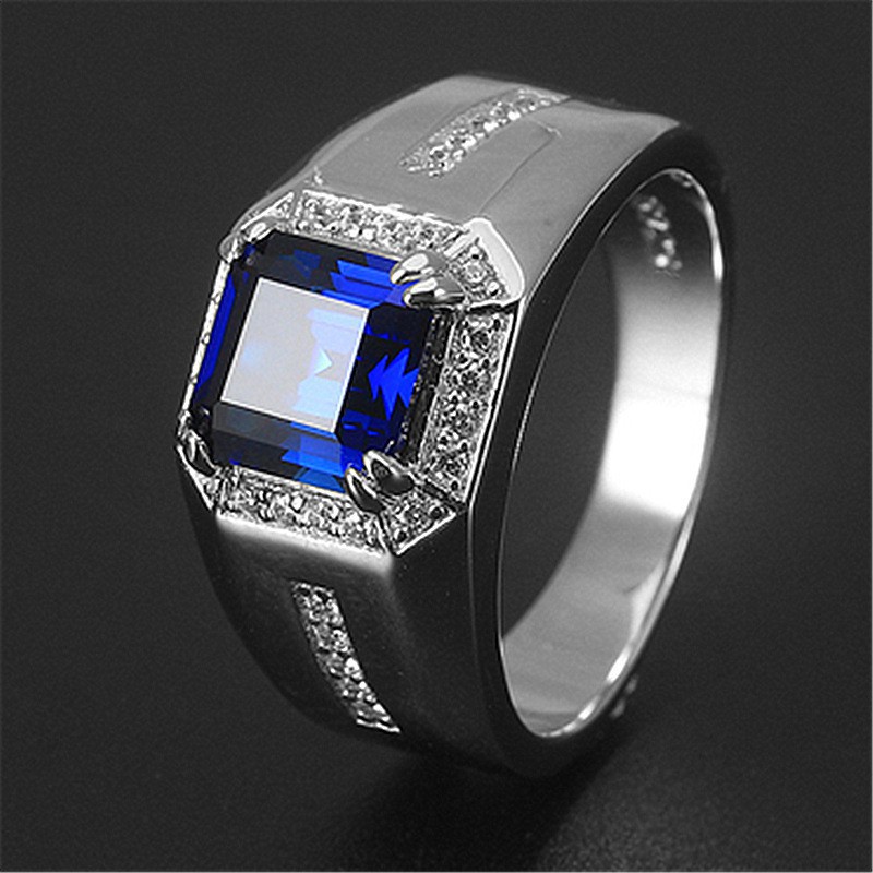 Cincin Emas Putih Fashion Pria Cincin Tunangan Batu Permata Biru Putih