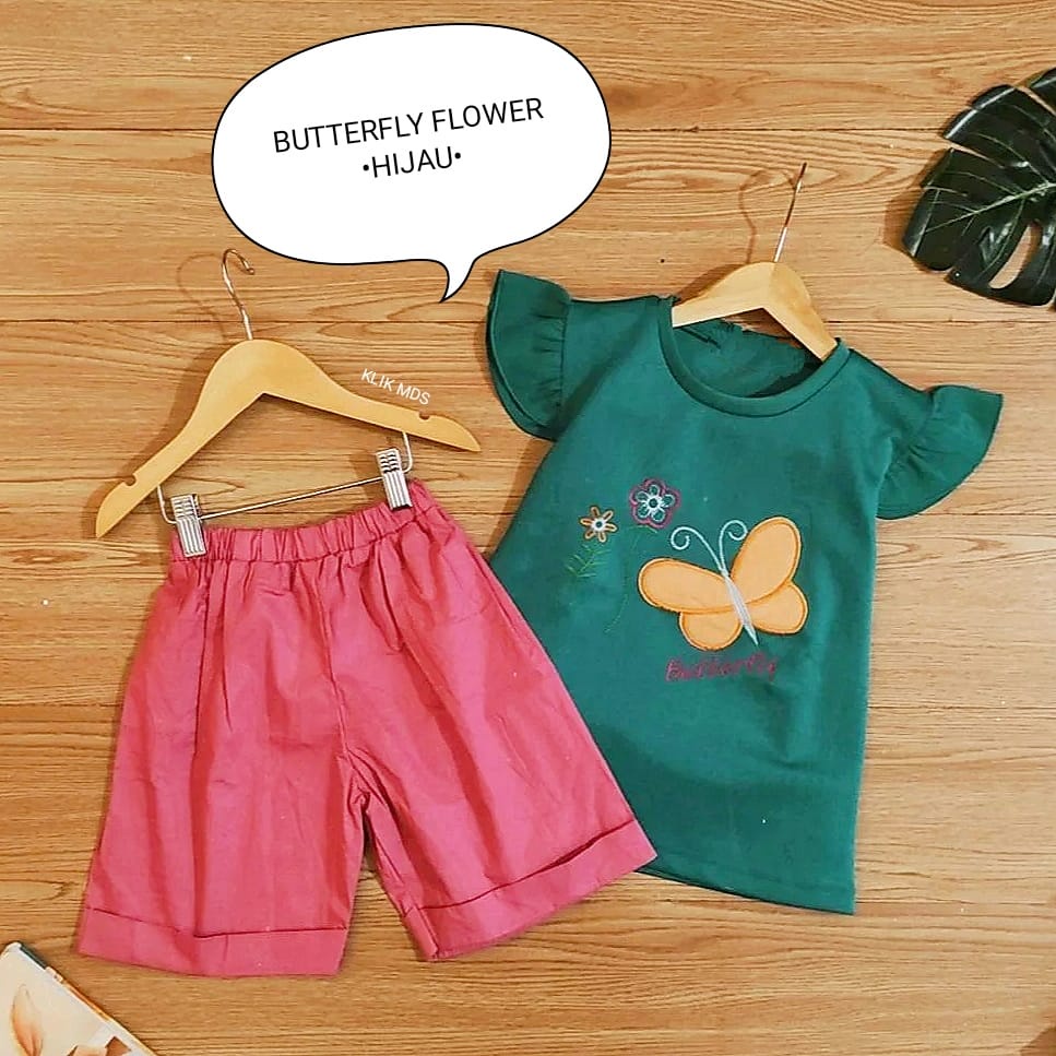 Baju Anak Perempuan Setelan Anak Atasan dan Celana Motif Butterfly Flower / 4 Ukuran / S-M-L-XL