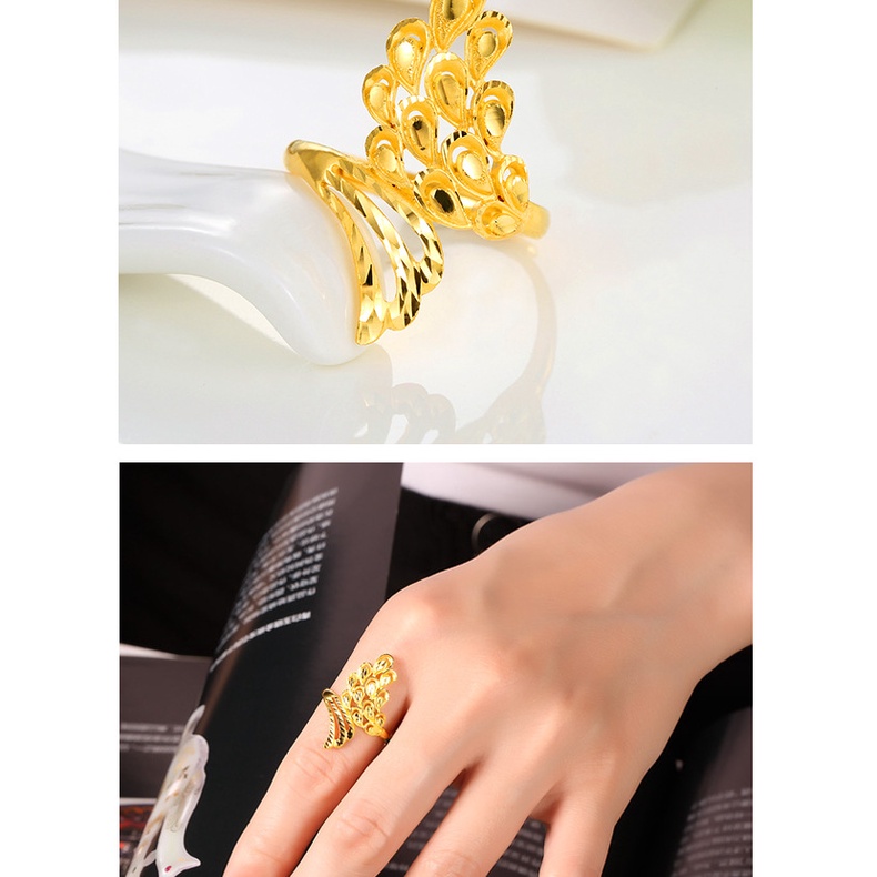 Goldkingdom Perhiasan Fashion 24K Bangkok Aksesoris Ready Stock Bulu Merak Phoenix Cincin Wanita Yang Dapat Disesuaikan Kaya High-end