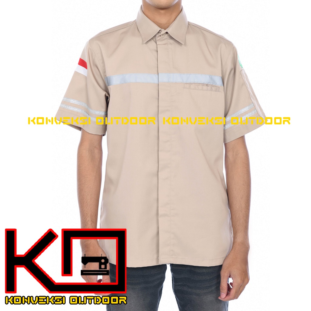 KEMEJA WEARPACK BAJU SAFETY K3 OUTDOOR INDOOR - Seragam Kemeja Kerja Lapangan Lengan Pendek Proyek Bangunan Tambang Alat Berat PLN Enginer Instalasi Mesin werpek sefti Scotlit Warna Cream Konveksi Outdoor