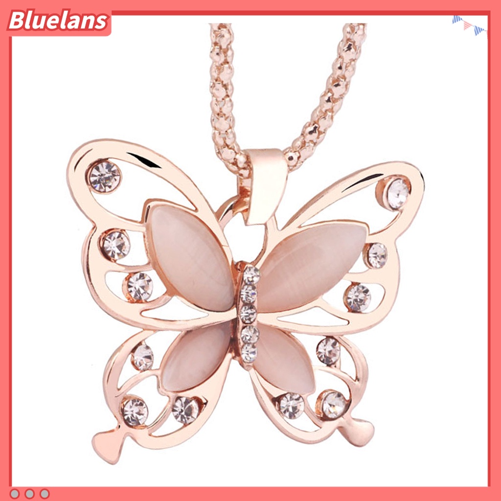 Bluelans Kalung Liontin Kupu-Kupu Warna Rose Gold Aksen Berlian Imitasi Untuk Wanita