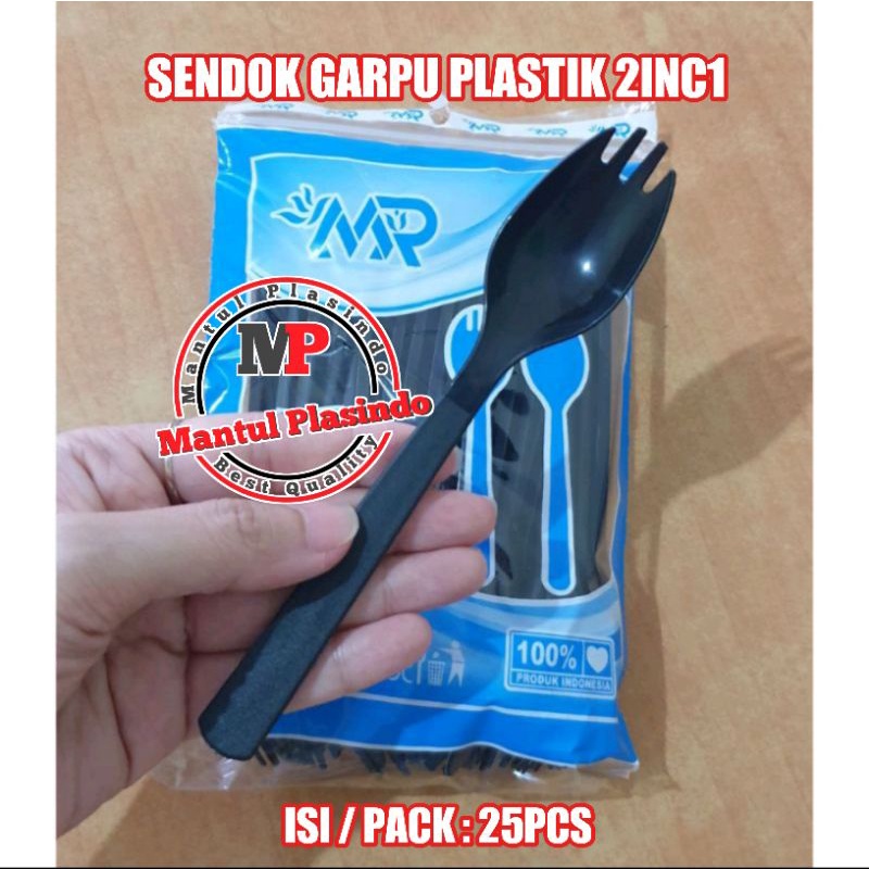 isi 25pcs Sendok Plastik 2inc1 / Sendok Garpu Makan Hitam