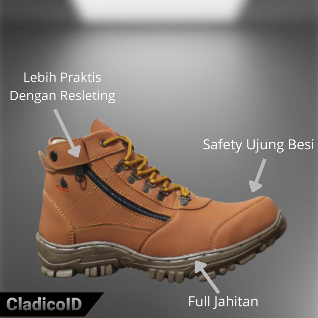 Sepatu Boots Pria Safety Ujung Besi dengan Resleting Outdoor Kerja Lapangan Boot Proyek Sefty Shoes Luar Ruangan Hiking Mendaki Gunung Berkendara Cladico Liontinggi