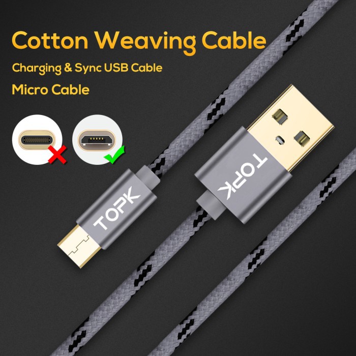 Grab Medan TOPK Kabel Charger Micro USB Braided 1 Meter 2.4A - AN09 - Dark Gray