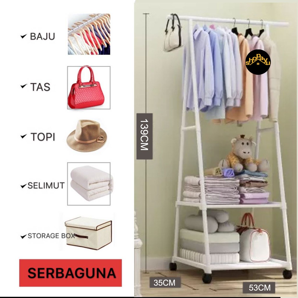 Triangle Stand Hanger Gantungan Rak Baju Tas Buku Pakaian Serbaguna 4 Roda Murah Bisa COD