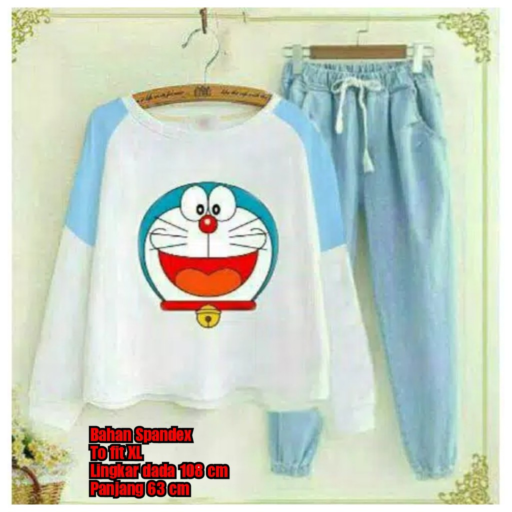 QFS - SETELAN DORAEMON MOTIF SENANG / SMILE / SABLON GOOD QUALITY / ANAK TANGGUNG