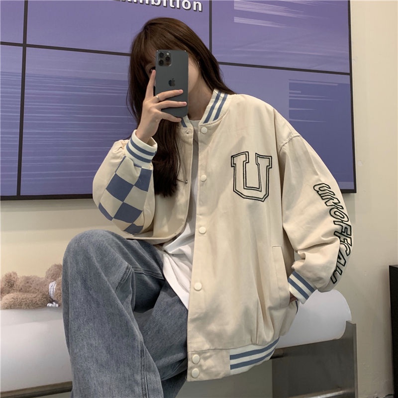 Suhao Checkerboard kotak-kotak baseball seragam wanita baru longgar cocok Amerika hip-hop goreng patch jalan jaket musim gugur jaket