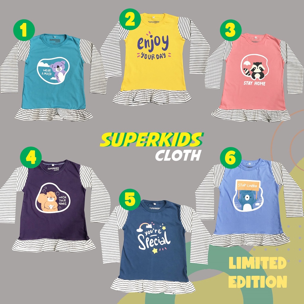 BAJU ANAK PEREMPUAN / KAOS ANAK PEREMPUAN / PAKAIAN ANAK CEWEK KAOS ANAK CEWEK LENGAN PANJANG STRIPE LIMITED EDITION (NEW NORMAL) SUPERKIDS CLOTH 1 - 11 TAHUN