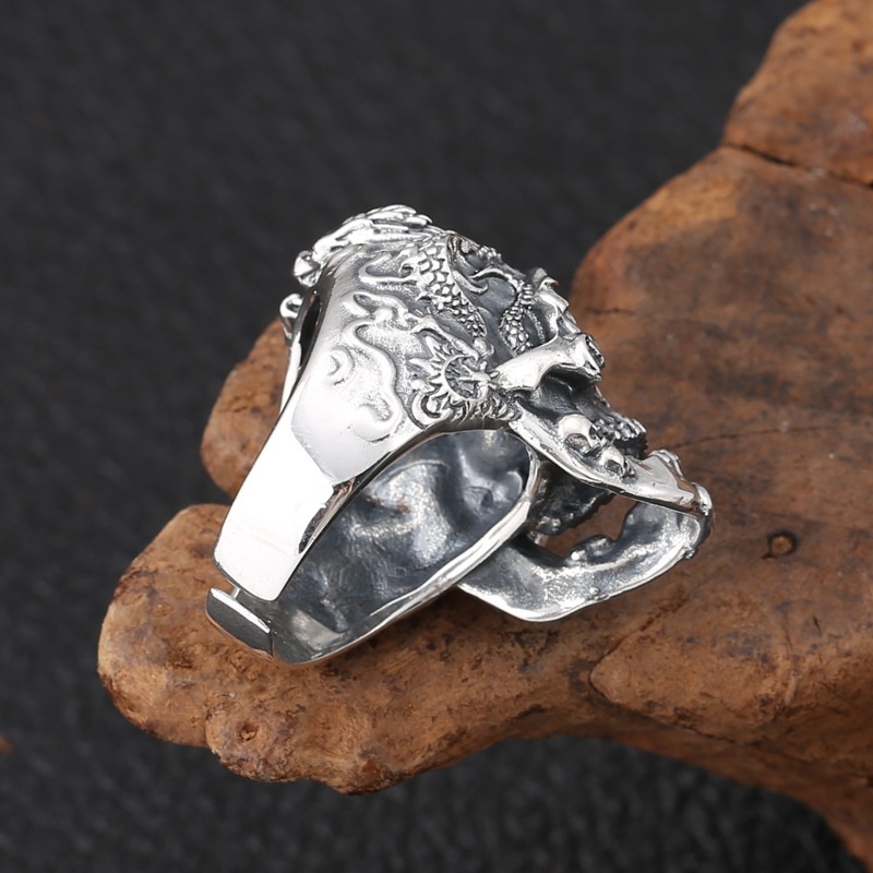 Cincin Model Kepala Naga Tengkorak Terbuka Gaya Vintage Punk Viking Hip Hop Untuk Pria