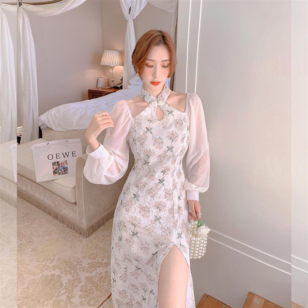 Vintage modified cheongsam dress for girls 2021 autumn new sexy neck hanging off shoulder split pure