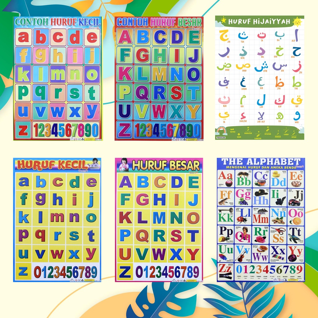 Poster Lembaran Edukasi Contoh Huruf Kecil Besar hijaiyah Dan The Alphabet Berwarna