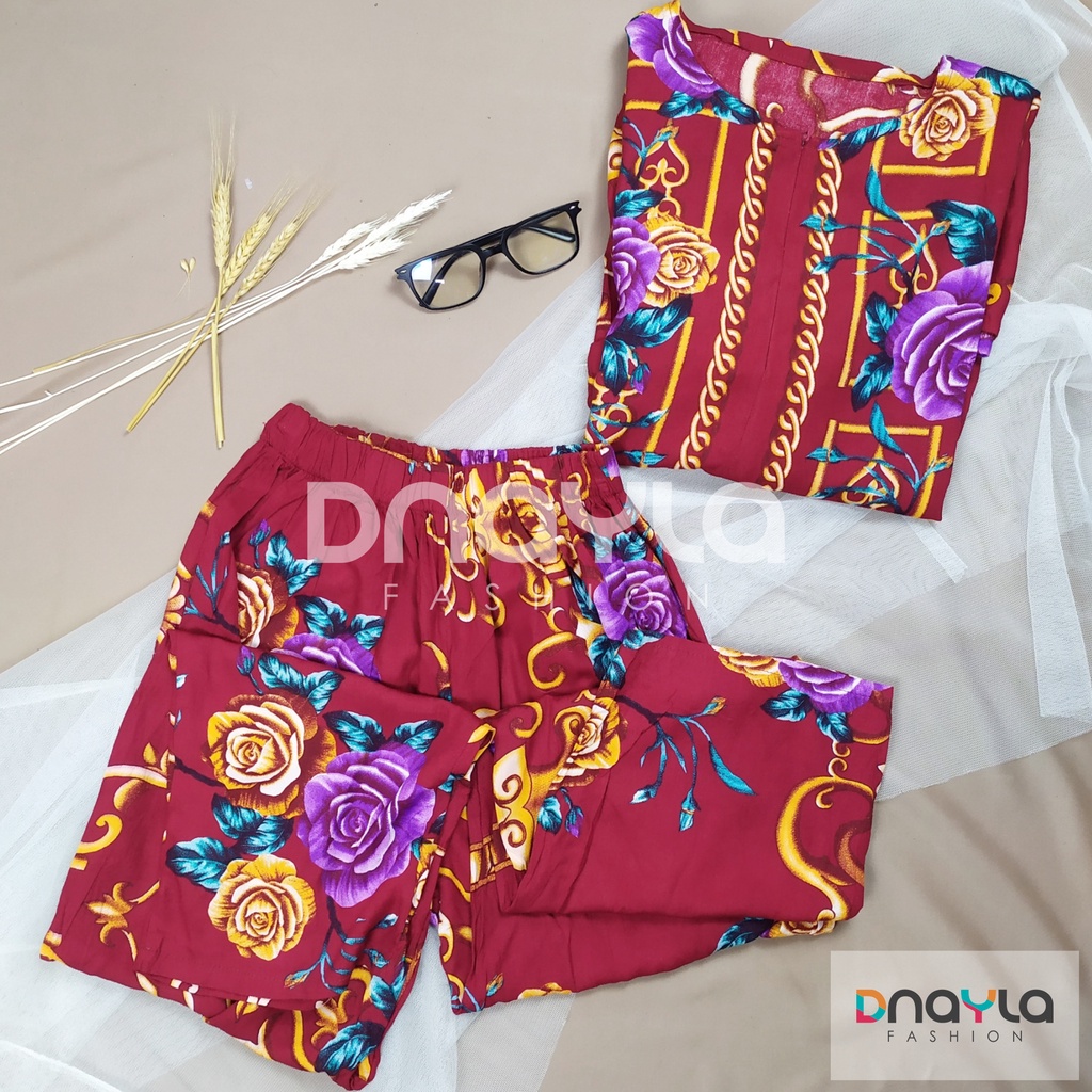 One Set Rempel Resleting Tali Serut / Setelan Celana Panjang / Setelan Baju Wanita Motif Bunga