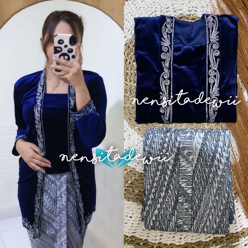 Set Kebaya Bludru + Rok Plisket / Kebaya Kutubaru Body Panjang [Bordir Silver]