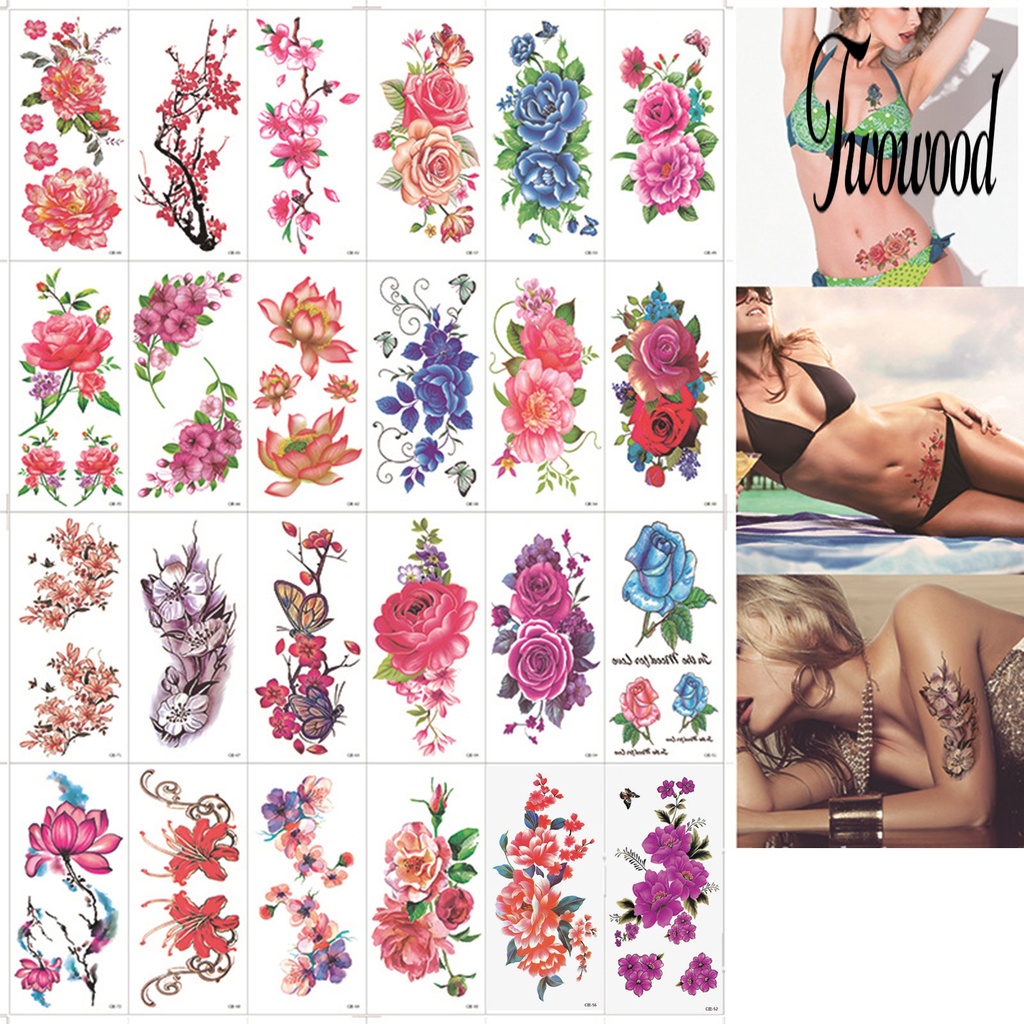 Twowood 10Pcs / Set Stiker Tattoo Sementara Motif Bunga Besar Untuk Body Art