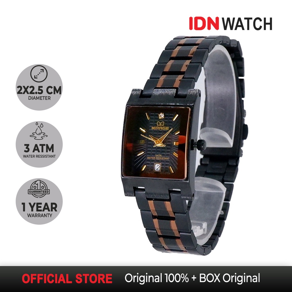 Mirage Jam Tangan Analog Wanita Mewah Elegant Petak Hitam List Rosegold Miragewatch Original 7046L