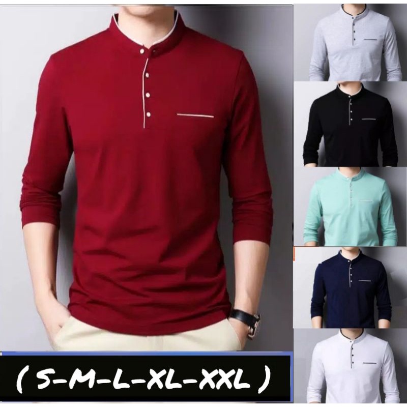 Kaos Polos Lengan Panjang ll kaos kerah sanghai Cotton Combed 24 S Premium ll kaos polos pria Distro